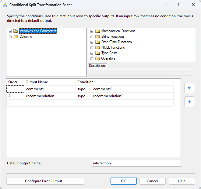 Conditional Split Transformation Editor in SSIS showing condition configuration for comments and recommendations.